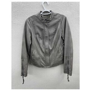 Kaari Blue Womens Faux Leather Jacket Size Small Gray Hidden Zip Up NWTs